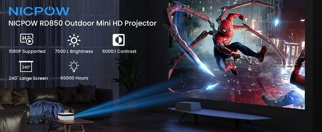 NICPOW: Mini Projector, Outdoor Projector for Home Theater, 1080P and 240"